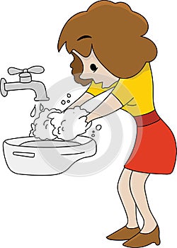 Cartoon woman washing her hands carefully vector illustration