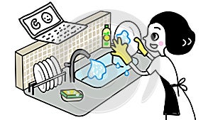 Cartoon of woman working on laptop in the kitchen and washing dishes