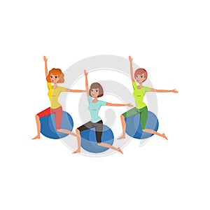 Cartoon women characters doing exercise with fitness ball. People in gym. Three young girls in sportswear. Healthy