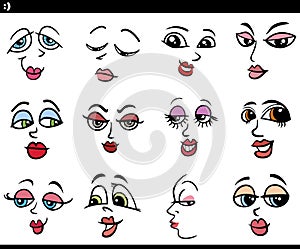 Cartoon women characters faces or moods set