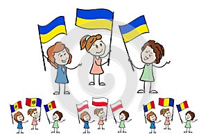 Cartoon women of different ages holding and waving the flags of Ukraine, Poland, Romania, Moldova. Happy stickfigures
