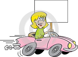 Cartoon women driving a sports car while holding a sign.