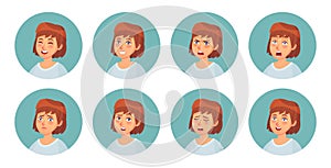 Cartoon womens emotions. Female character facial emotion, happy smiling woman and angry face portrait vector