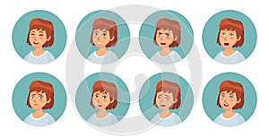 Cartoon womens emotions. Female character facial emotion, happy smiling woman and angry face portrait vector illustration set
