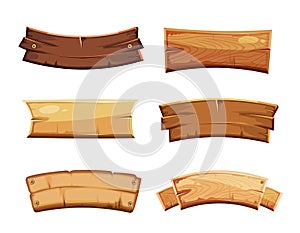 Cartoon wood blank banners and ribbons, western signs vector set