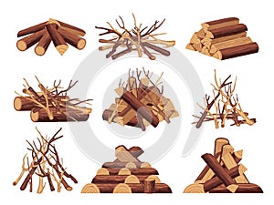 Cartoon wood for campfire. Firewood pile for bonfire, dry branch trunk logs for fireplace, forest fuel for camping