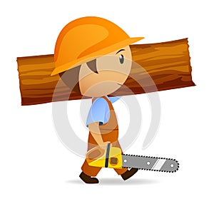 Cartoon woodcutter with chain-saw and trunk photo