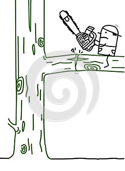 Cartoon Woodcutter with Chain-saw on the Wrong side of the Branch