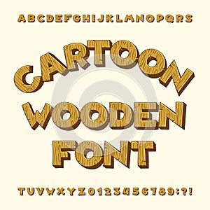 Cartoon wooden alphabet font. Type letters, numbers, symbols.