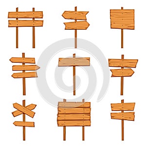 Cartoon wooden arrows. Blank wood signboards and arrow signs. Isolated road direction signpost vector set