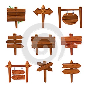 Cartoon wooden arrows. Vintage wood sign boards and arrow signs. Isolated signpost vector set
