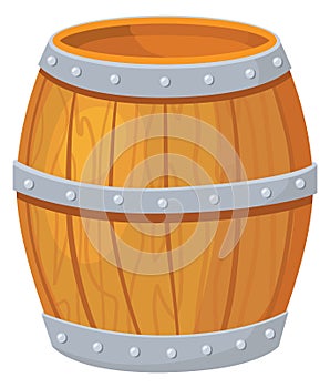 Cartoon wooden barrel. Oak pirate keg with wine rum whiskey honey beer for winery or brewery, wood alcohol cask pub