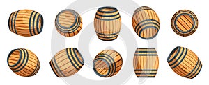 Cartoon wooden barrels. Stack of old oak kegs and casks with rum, whisky, wine and beer, traditional brewery and pub