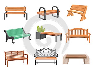 Cartoon wooden benches. Wood bench set, street relaxation place garden couch modern seats city outside park urban