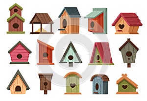 Cartoon wooden bird houses. Rustic avian homes with various designs, classic birdhouses and birds feeders vector