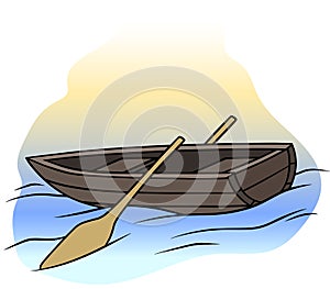 Cartoon wooden brown rowboat with two oars