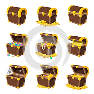 Cartoon wooden chest. Coin box, gold coins stacked. Game trunk safe golden treasure. Isolated open chests animation
