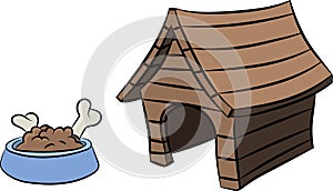 Cartoon wooden dog house and a dog bowl full of food and bones