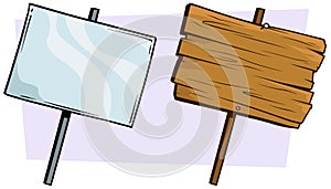 Cartoon wooden and glassy sign set