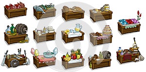 Cartoon wooden market stand with different goods