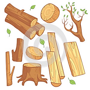 Cartoon wooden materials, lumber, firewood, wood stump vector set