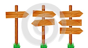 Cartoon wooden signpost with grass. Isolated arrow sign vector illustration set.