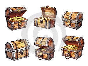 Cartoon wooden treasure open chests full gold coins , old reward boxes wood chest rpg 2d retro casual game asset set