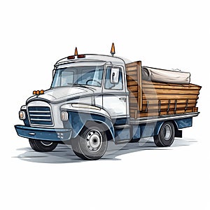 Cartoon Wooden Truck With Cargo: Ink Wash Style Delivery Vehicle