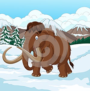 Cartoon Woolly Mammoth walking through a snowy field