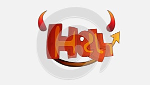 Cartoon word Hell with devil horns and tail in red and dark color, isolated on grey background. Hell devil word, cute