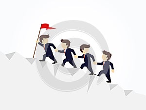 Cartoon working little people trying to climb up mountain holding each others hands. Vector illustration for business design