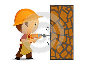 Cartoon workmen with drill make holes in the wall