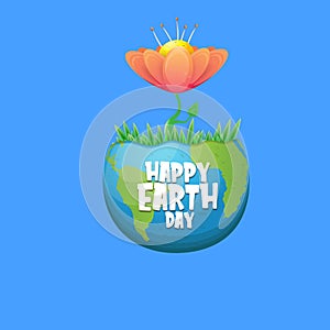 cartoon World earth day greeting card or banner with earth globe isolated on blue sky background. Vector World earth day
