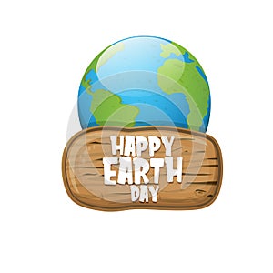 Cartoon World earth day greeting card or banner with earth globe isolated on white background. Vector World earth day