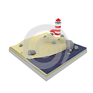 Cartoon world, landscape with a  lighthouse, sea. 3d render, 3d illustration