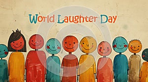 Cartoon for World Laughter Day: Diverse stick figures with big smiles in a semi-circle, solid uplifting background.