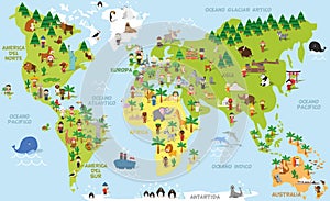 Cartoon world map with children, animals and monuments Vector Illustration photo