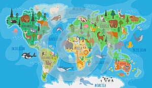 .Cartoon world map for kids nursery with forest animals. Children geography education with europe, asia, australia and