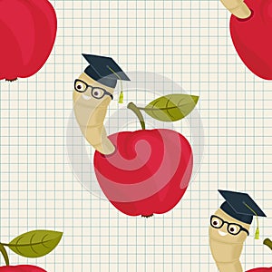 Cartoon worm in alumni hat and glasses peeking from a read apple