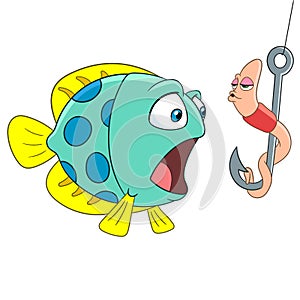 Cartoon worm kissing a fish