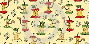 Cartoon worms in apple core seamless pattern, hand drawn vector illustration