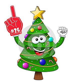 Cartoon xmas christmas tree exulting number 25 glove supporter fan isolated