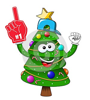 Cartoon xmas christmas tree exulting number one glove supporter fan isolated