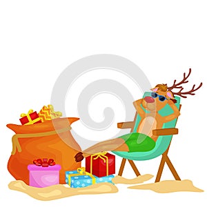 Cartoon xmas deer resting in chair with bag full of presents