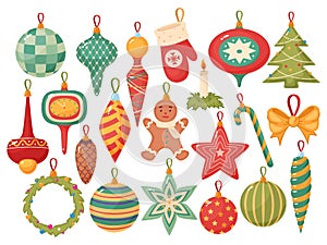 Cartoon Xmas tree toys. New Year decorations with ornaments. Different shapes of Christmas balls. Colorful glass icicles