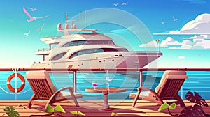 A cartoon yacht deck with a beautiful sea view. Modern illustration of a luxury cruise ship on its deck, with wooden