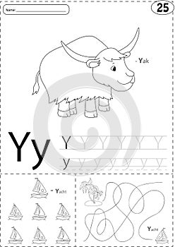 Cartoon yak and yacht. Alphabet tracing worksheet: writing A-Z a