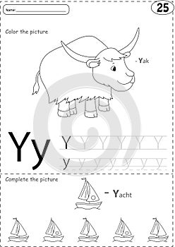 Cartoon yak and yacht. Alphabet tracing worksheet: writing A-Z a