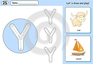 Cartoon yak and yacht. Alphabet tracing worksheet: writing A-Z