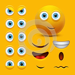 Cartoon yellow 3d face character creation constructor. Emoji with different emotions. Vector illustration of emoji